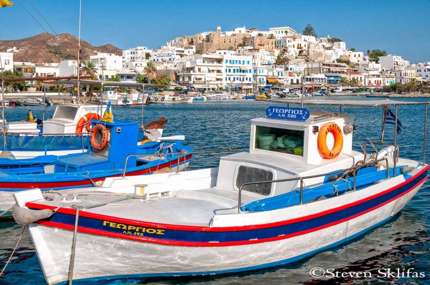Fishing boat harbour view. Naxos. Cyclades. Greece.