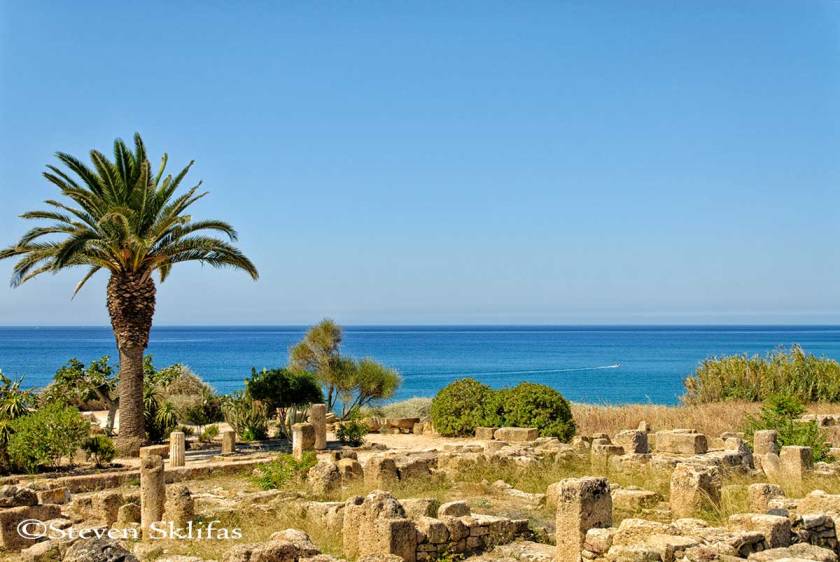 Palm trees ruins and blue sea. Selinunte. Sicily. Italy.